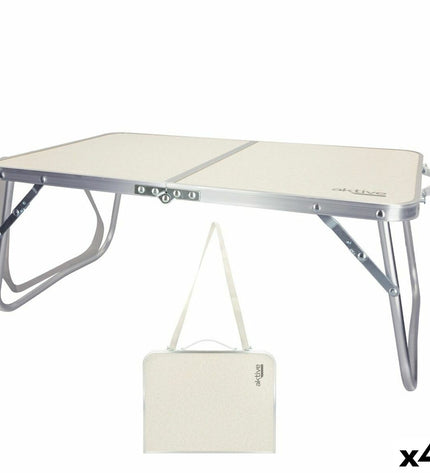 Set of four Aktive collapsible camping tables in crème color, 60x25x40 cm, ideal for outdoor activities and camping.