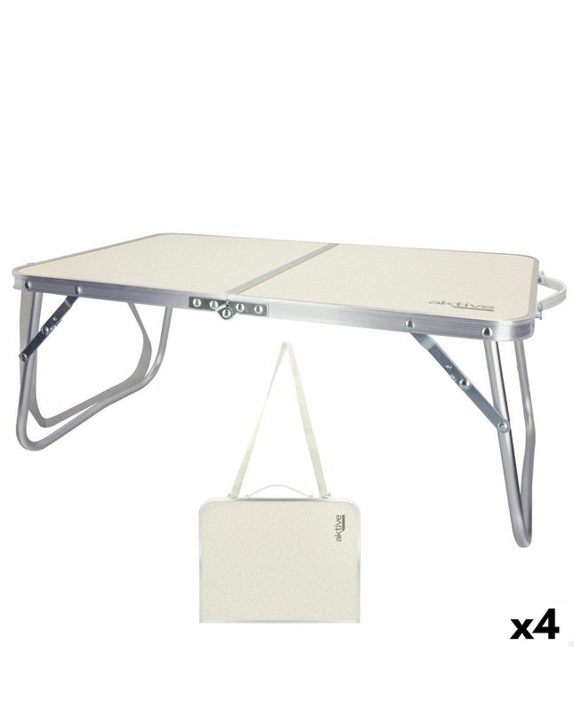 Set of four Aktive collapsible camping tables in crème color, 60x25x40 cm, ideal for outdoor activities and camping.