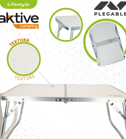 Set of four Aktive Vouwtafel Aktive crème foldable tables for outdoor camping and hiking, showing compact, lightweight design.