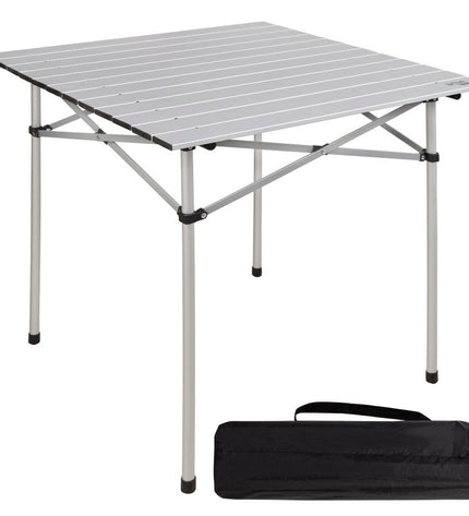 Set of four Aktive silver aluminum folding tables, 70x70x70 cm, suitable for outdoor camping and sporting activities.