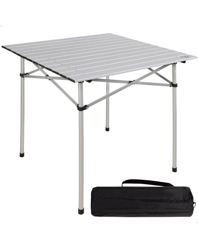 Set of four Aktive silver aluminum folding tables, 70x70x70 cm, suitable for outdoor camping and sporting activities.