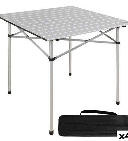 Set of four Aktive silver aluminum folding tables, 70x70x70 cm, suitable for outdoor camping and sports activities.
