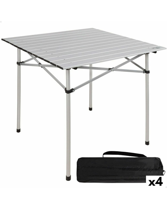 Set of four Aktive silver aluminum folding tables, 70x70x70 cm, suitable for outdoor camping and sports activities.