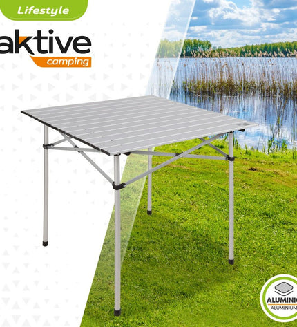 Set of four Aktive silver aluminum folding tables, 70x70x70 cm, suitable for camping, outdoor activities, and sports.