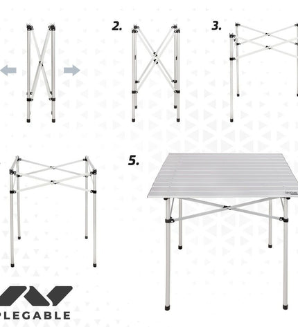 Set of four silver aluminum folding tables by Aktive, 70x70x70 cm, ideal for camping and outdoor activities.