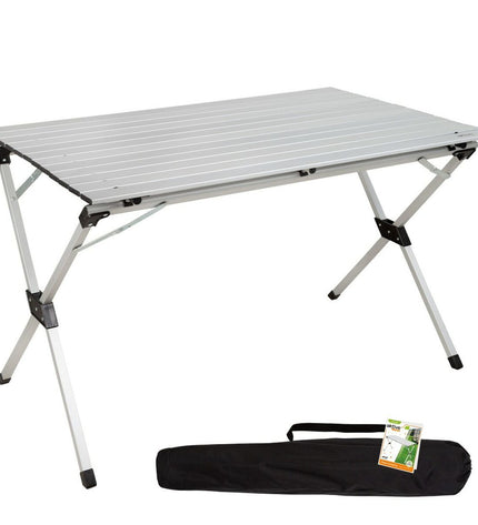Set of four Aktive silver aluminum folding tables, 110x70x70 cm, suitable for camping, outdoor activities, and events.