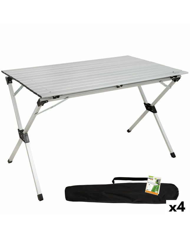Aktive silver folding table for outdoor camping, 110x70x70 cm, set of 4, lightweight aluminum for camping and outdoor activities.