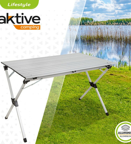 Set of four Aktive silver aluminum folding tables for outdoor camping and sports, measuring 110 x 70 x 70 cm.