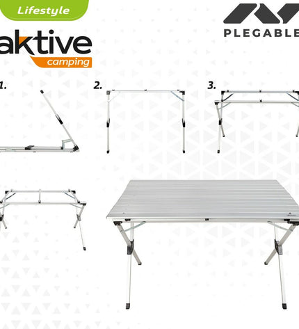 Aktive silver aluminum folding table set with four 110x70x70 cm tables for outdoor camping and sports activities.