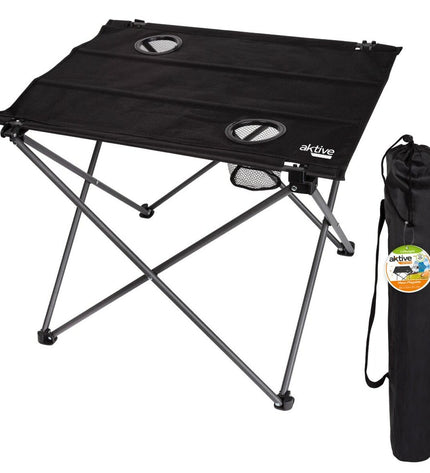 Set of four Aktive black textile foldable tables for outdoor camping and sports, measuring 61 x 51 x 50 cm.