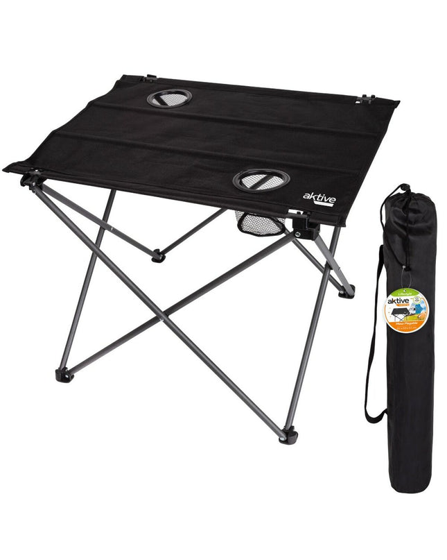 Set of four Aktive black textile foldable tables for outdoor camping and sports, measuring 61 x 51 x 50 cm.