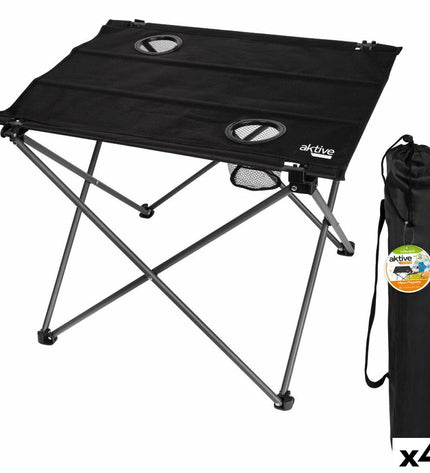 Set of four black Aktive folding tables for outdoor camping and sports, measuring 61x51x50 cm, made of durable textile material.