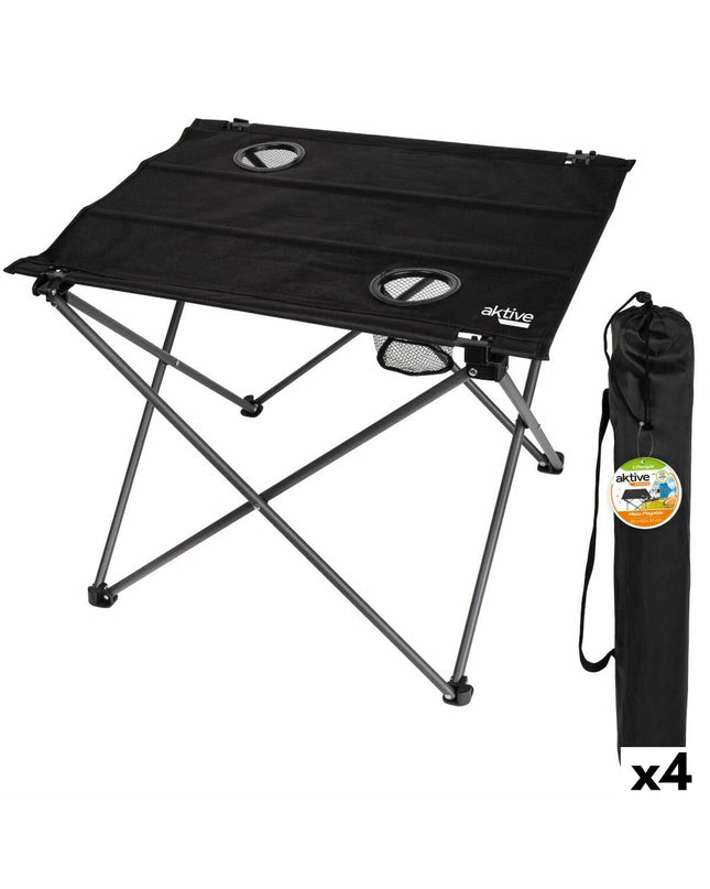 Set of four black Aktive folding tables for outdoor camping and sports, measuring 61x51x50 cm, made of durable textile material.