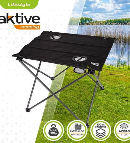 Set of four black Aktive foldable textile tables, 61 x 51 x 50 cm, suitable for outdoor camping and outdoor activities.