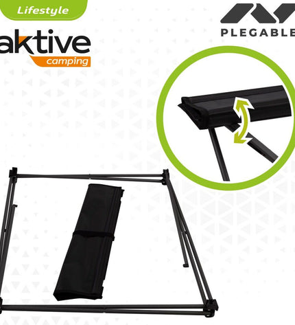 Set of four black Aktive folding tables with textile surfaces, measuring 61x51x50 cm, ideal for outdoor camping and activities.