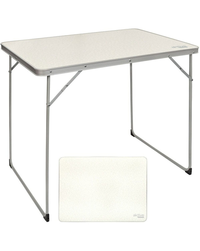 Set of four Aktive white foldable camping tables with dimensions 80x70x60 cm, suitable for outdoor and camping activities.