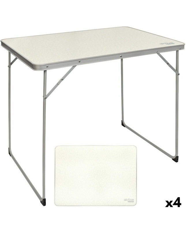 Set of four Aktive white folding tables for outdoor camping and sports, measuring 80x70x60 cm, lightweight and portable.