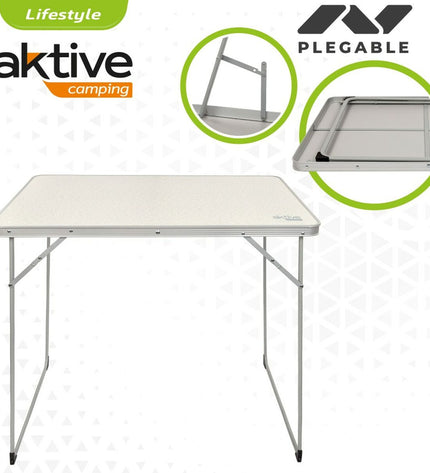 Set of four Aktive white folding tables, 80x70x60 cm, ideal for camping and outdoor activities, shown in a natural outdoor setting.