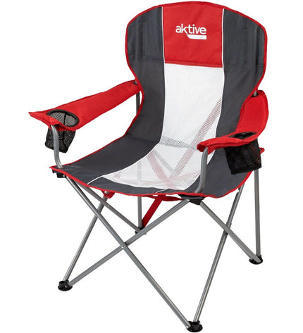 Set of four Aktive camping chairs in dark gray and red, foldable outdoor seats with dimensions 56x98x59 cm, suitable for camping.