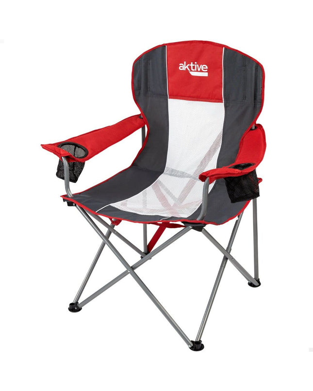 Set of four Aktive camping chairs in dark gray and red, foldable outdoor seats with dimensions 56x98x59 cm, suitable for camping.