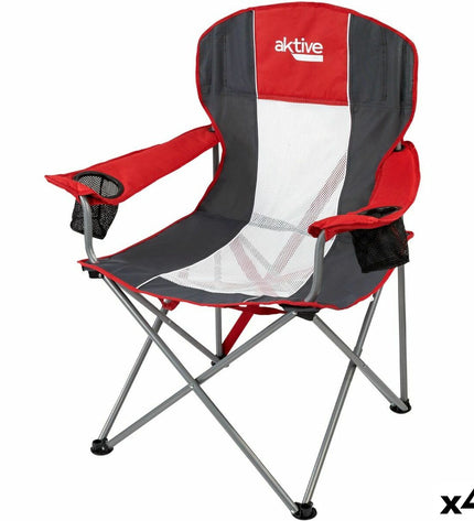 Set of four Aktive camping chairs in dark gray and red, foldable, lightweight, suitable for outdoor camping and hiking.