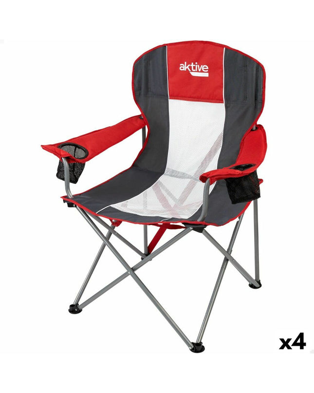 Set of four Aktive camping chairs in dark gray and red, foldable, lightweight, suitable for outdoor camping and hiking.