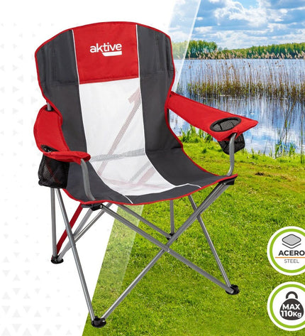 Set of four Aktive foldable camping chairs in dark gray and red, with compact size 56 x 98 x 59 cm, for outdoor camping and hiking.