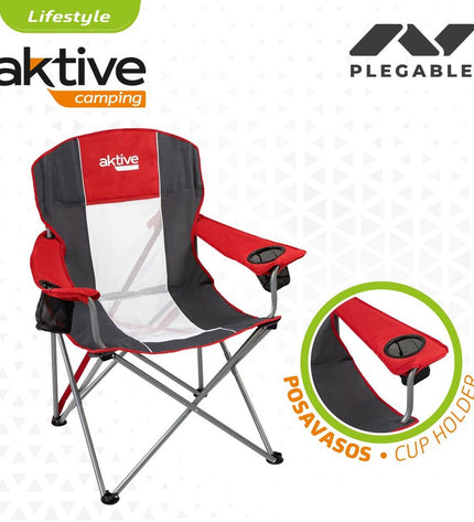 Set of 4 Aktive camping chairs in dark gray and red, foldable outdoor seats with 56x98x59 cm dimensions for camping and outdoor activities.