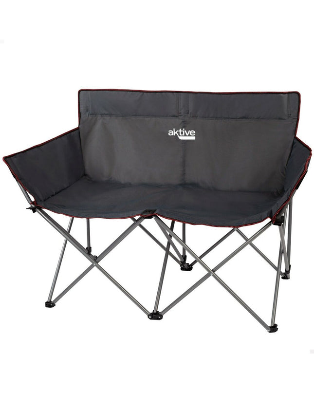 Pair of black foldable 2-seater benches from Aktive, suitable for outdoor camping and outdoor activities, measuring 107 x 88 x 63 cm.