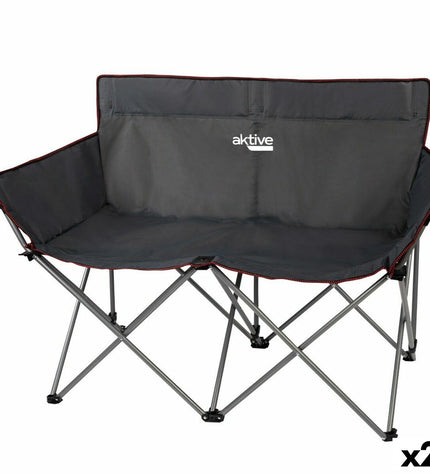 Two black Aktive foldable 2-seater benches for outdoor activities, measuring 107 x 88 x 63 cm, suitable for camping and outdoor use.