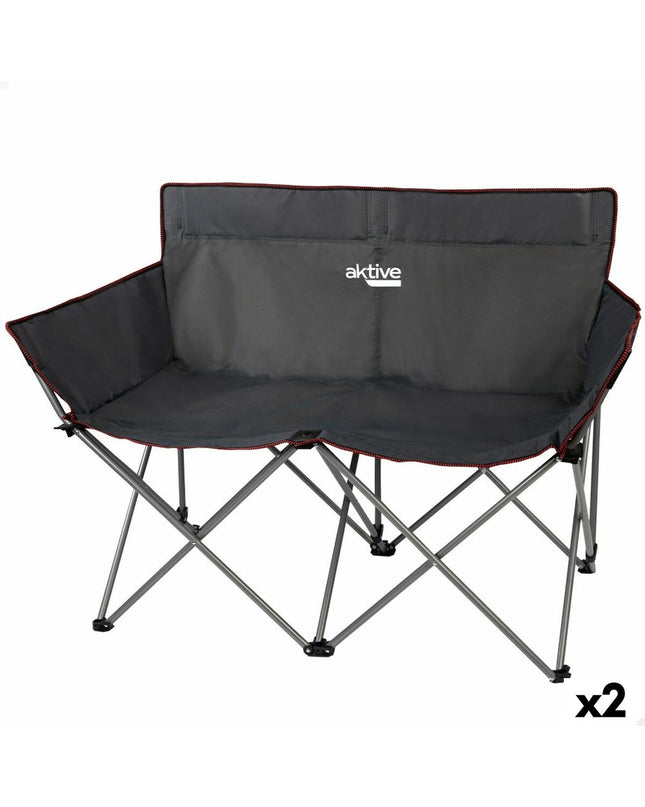 Two black Aktive foldable 2-seater benches for outdoor activities, measuring 107 x 88 x 63 cm, suitable for camping and outdoor use.