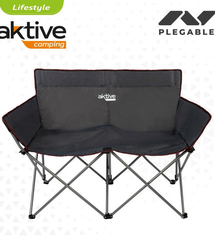 Two Aktive black foldable 2-seater benches for outdoor camping and hiking, measuring 107x88x63 cm, suitable for sport and outdoor use.