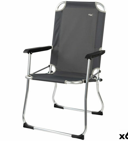 Six dark gray Aktive foldable camping chairs for outdoor camping and hiking, compact 45 x 91 x 47 cm, lightweight and portable.