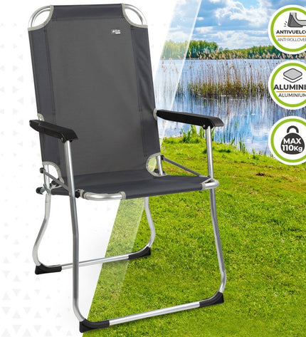 Six Aktive dark gray folding camping chairs with armrests, compact size for outdoor camping and hiking.