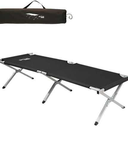 Two black Aktive camping beds folded for outdoor camping, measuring 190 x 42 x 64 cm, lightweight and portable for outdoor adventures.