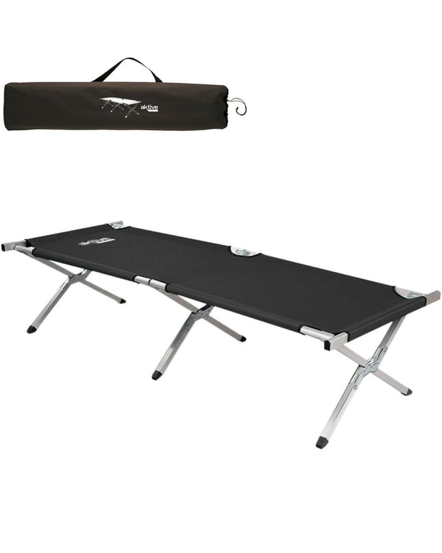 Two black Aktive camping beds folded for outdoor camping, measuring 190 x 42 x 64 cm, lightweight and portable for outdoor adventures.