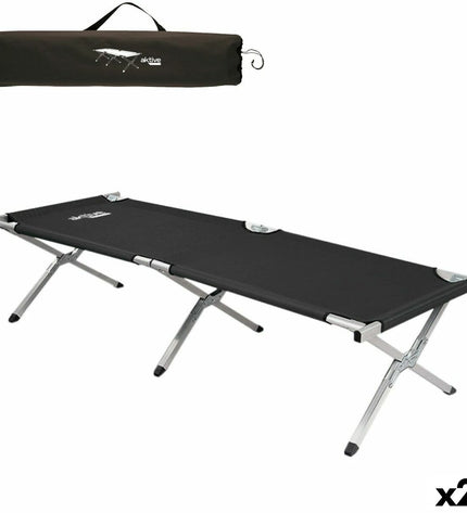 Two black Aktive camping beds, foldable and lightweight, measuring 190 x 42 x 64 cm, suitable for outdoor camping and hiking.