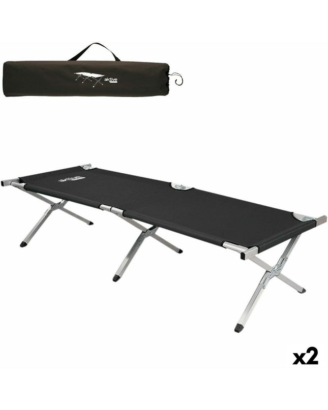 Two black Aktive camping beds, foldable and lightweight, measuring 190 x 42 x 64 cm, suitable for outdoor camping and hiking.