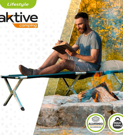 Two black Aktive camping beds, foldable and compact, measuring 190 x 42 x 64 cm, suitable for outdoor camping and hiking.