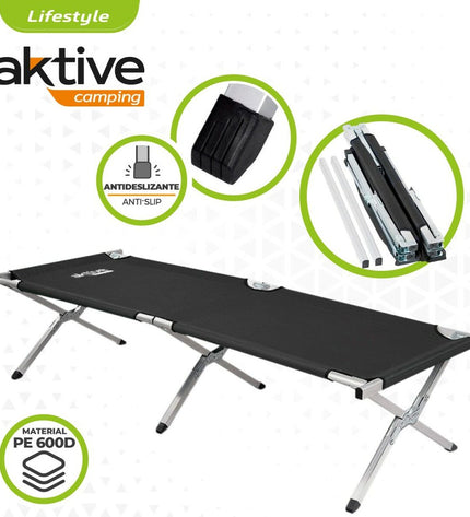 Two black Aktive camping beds, foldable and portable, measuring 190 x 42 x 64 cm, ideal for outdoor camping and hiking.