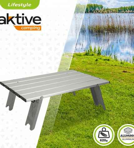 Set of four Aktive silver aluminum folding tables for outdoor camping and activities, measuring 40x13x28.5 cm.