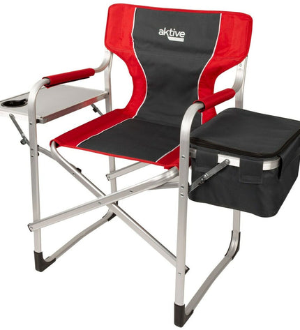 Pair of Aktive grey and red foldable camping chairs with armrests, compact size for outdoor camping and hiking.