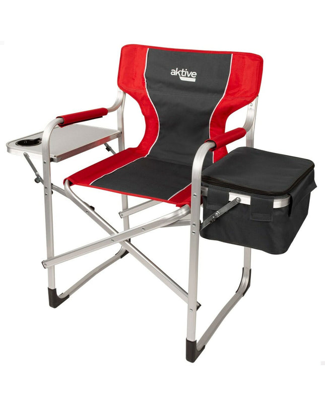 Pair of Aktive grey and red foldable camping chairs with armrests, compact size for outdoor camping and hiking.