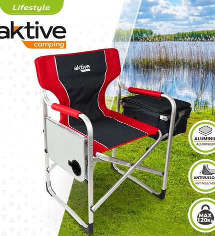 Two Aktive collapsible camping chairs in gray and red, lightweight outdoor seats for camping and hiking, folded and ready to use.