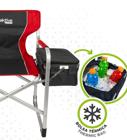 Two Aktive gray and red folding camping chairs displayed with open seats, measuring 61x92x52 cm, for outdoor camping and hiking.
