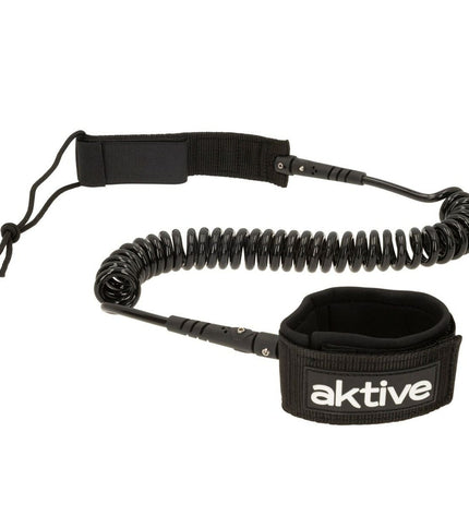 Black 20 cm Aktive surfboard leash with spiral design, suitable for watersport and outdoor activities.