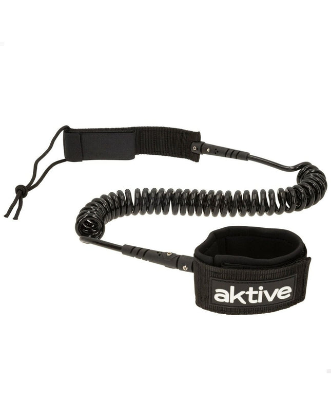 Black 20 cm Aktive surfboard leash with spiral design, suitable for watersport and outdoor activities.
