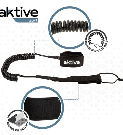 Black 20cm Aktive surfboard leash with spiral design, suitable for water sports and outdoor surfing activities.
