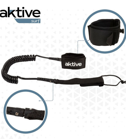 Black Aktive 20 cm spiral surfboard leash for watersports, featuring a coiled design ideal for surfing and outdoor water activities.