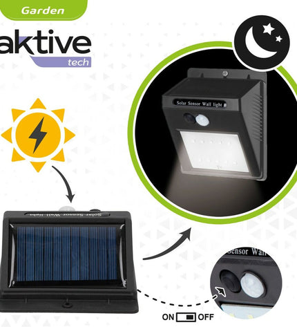 Six Aktive outdoor LED lamps with motion sensors, plastic design, measuring 9x12x5 cm, ideal for garden outdoor decoration.